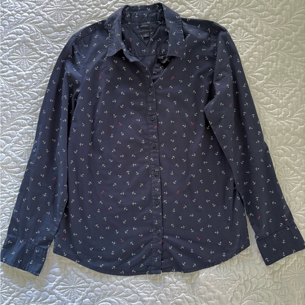 Tommy Hilfiger Womens long sleeve button up shirt navy anchor print medium